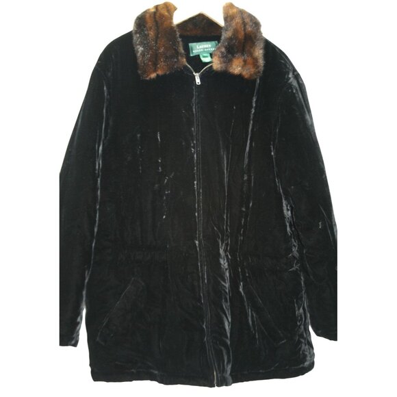 Ralph Lauren Black Velvet Faux Fur Collar Jacket Womens L Quilted Classic Luxe - Picture 1 of 9